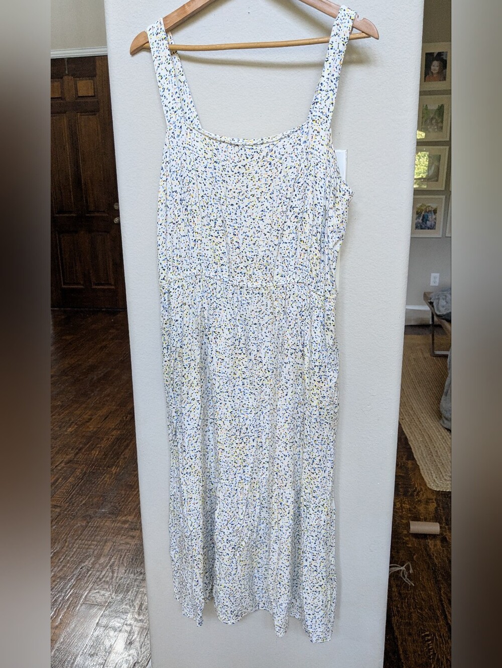 White Speckled Maxi Dress with Pockets  Blue and Yellow Accents